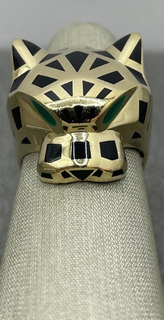 14K Yellow Gold Panther/Cougar Black & Green Geometric Ring (22017)